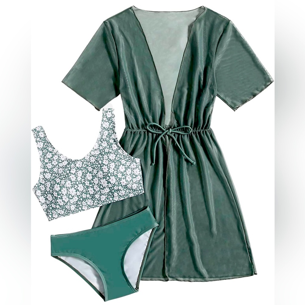 Green flowers top and green bottom bathing suit with green see through cover up